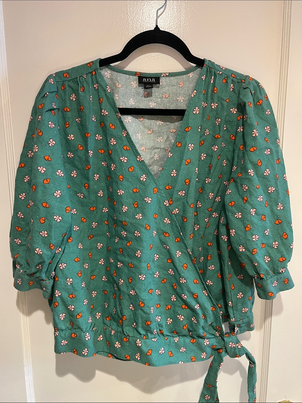 a.n.a Teal Floral Wrap Blouse with Orange Accents